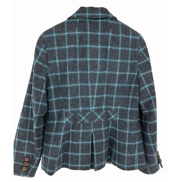 Talbots Womens 6 Wool Blend Navy & Turquoise Plaid Blazer AOP Lining Academia - Picture 3 of 11